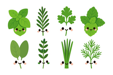 Cute herb characters vector illustration for kitchen decor in flat style