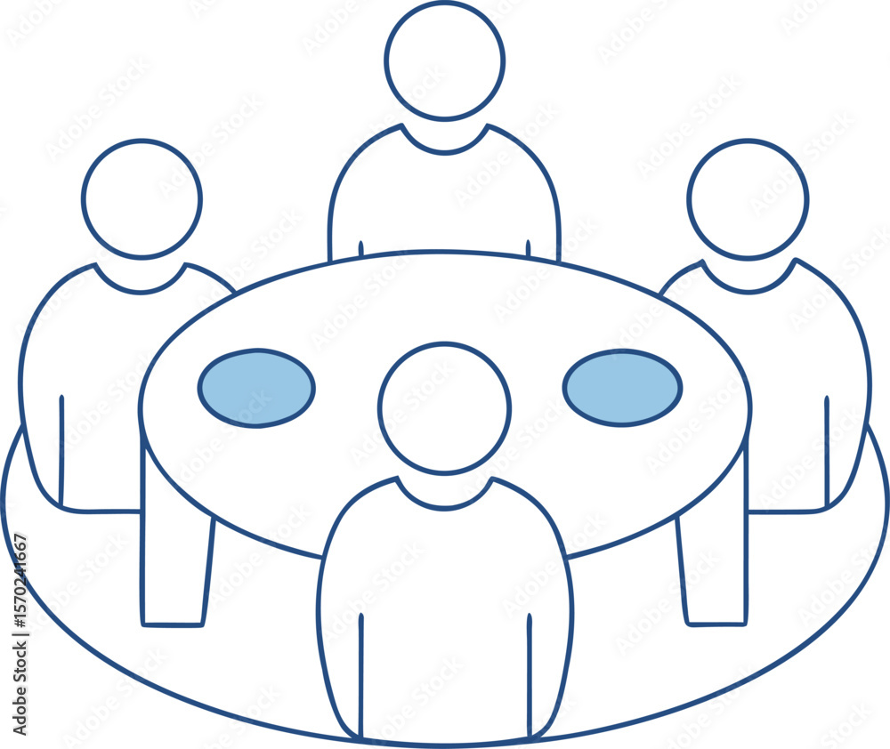 Poster outline drawing of a group meeting around a round interview table, flat design with white background