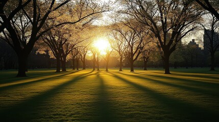 Fototapeta premium Golden sunlight streams through trees in a park