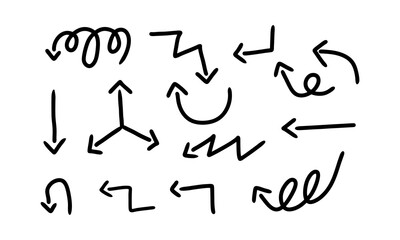Set of vector curved arrows hand drawn. Sketch doodle style. Collection of pointers