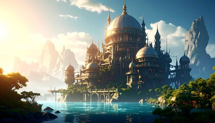 Fantasy Castle Overlooking Water with Mountain Backdrop