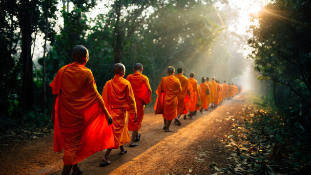 Monks in saffron robes walk along a forest path bathed in the warm glow of sunrise.