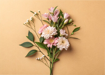 Small bouquet of flowers on a beige background. pastel color.	light pink. white. copy space. text space. message space