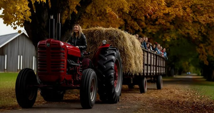 Tractor Pulls Hayride by Trees