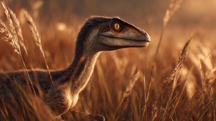 Velociraptor in Golden Field: A realistic image of a Velociraptor, rendered with meticulous detail, stalks through a sun-drenched field of golden grass.