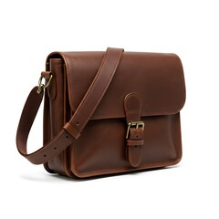 360 style turntable inspired perspective of italian leather messenger bag, isolated on white background