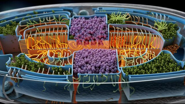 A close up of a cell with a green stem and a purple stem