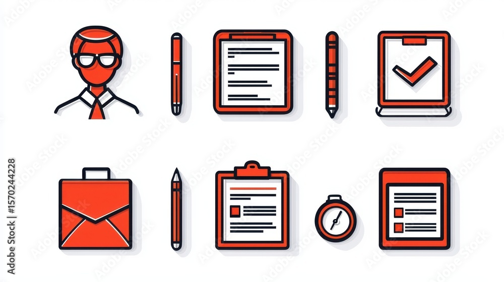 Aufkleber a collection of colorful icons representing various business and office tasks including paperwork do