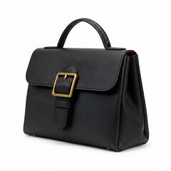 front left 45° view of a modern japanese satchel with brass buckle detailing, isolated on white background