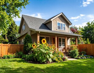Quaint house with sunflowers