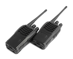 Two walkie talkies on white background. Police equipment