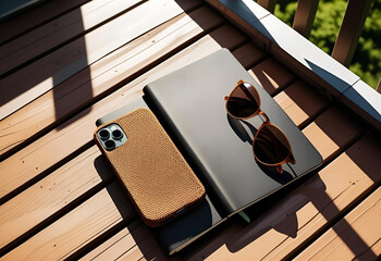 Summer relaxation scene features notebook, phone, & glasses on a deck. Use for lifestyle, travel, design.