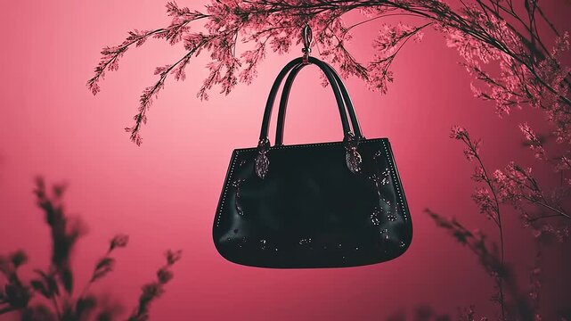 Elegant black handbag suspended against a vibrant pink backdrop with floral elements