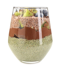 Delicious chocolate pudding with chia seeds, kiwi and blueberries in glass isolated on white