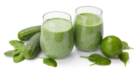 Tasty spinach smoothie and ingredients isolated on white