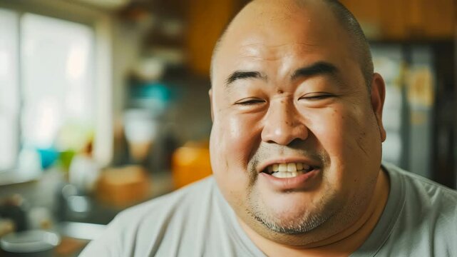 坊主頭の太ったアジア人の中年男性