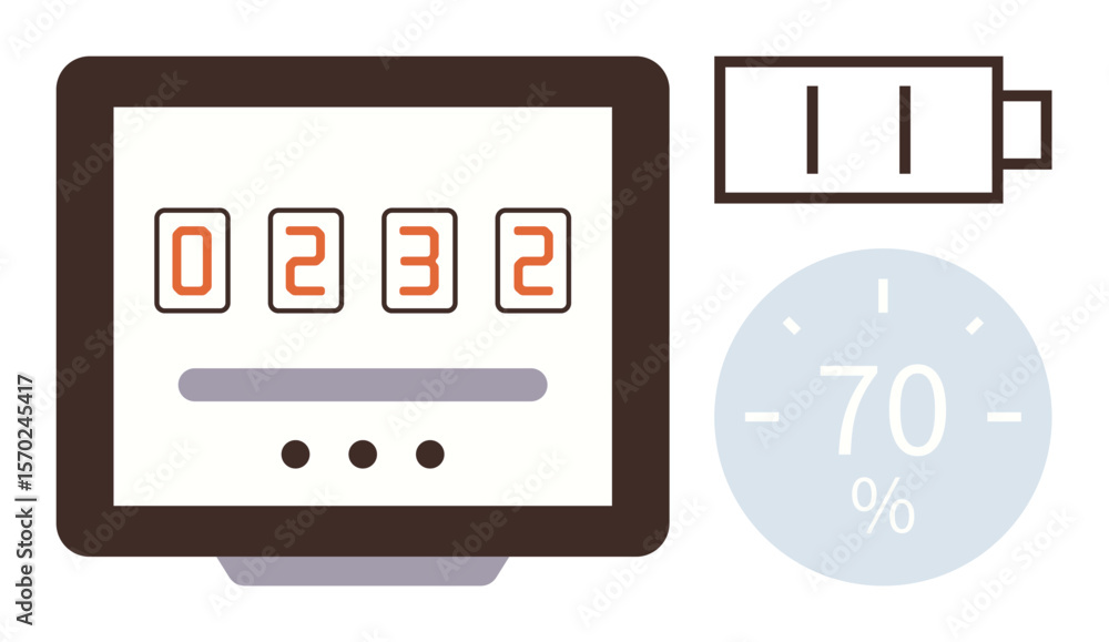 Aufkleber monitor with numeric counter, battery level icon, and progress gauge showing 70. ideal for technolog