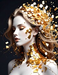 Beautiful woman with blond hair adorned with golden shards, a portrait of radiant elegance and fractured beauty in artistic composition.
