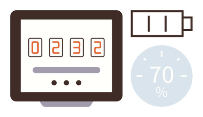 Monitor with numeric counter, battery level icon, and progress gauge showing 70. Ideal for technology, progress tracking, productivity, energy monitoring, data analytics, efficiency simple flat
