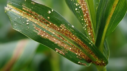 Corn Leaf Blight: Close-up detail of a corn leaf exhibiting symptoms of blight, showing characteristic lesions and discoloration.