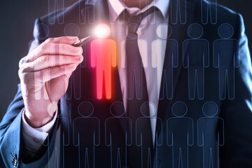 Dismissal. Businessman choosing human figure on virtual screen against black background, closeup