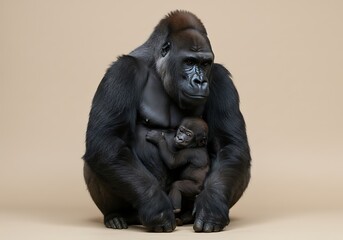 Obraz premium Gorilla Father with Baby Clinging to Chest on Light Taupe Background