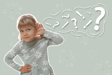 Eavesdropping, creative collage. Little girl holding hand near ear on grey background. Question and...
