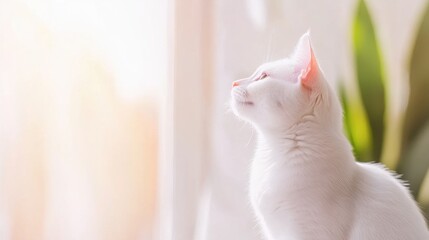 White cat gazes at sunlight filtering through a window in a cozy room