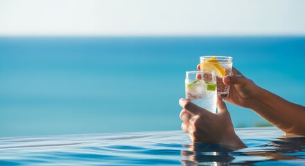 Celebrating success with refreshing drinks by infinity pool overlooking ocean luxurious executive retreat rewarding hard work tropical business travel leisure and relaxation at