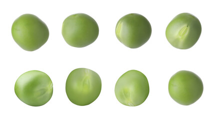 Fresh green peas isolated on white, set