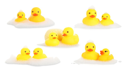 Cute rubber ducks on white background, collage