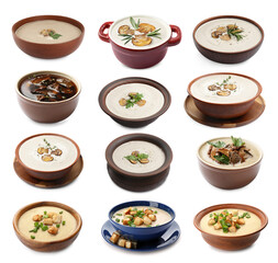 Delicious mushroom soups on white background, collage