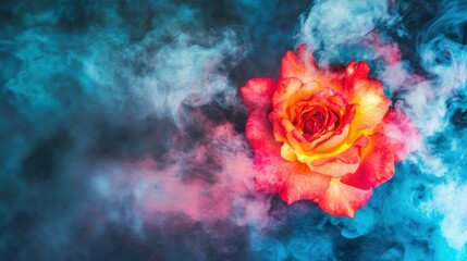 Vibrant rose amid colorful smoke creating an artistic visual effect