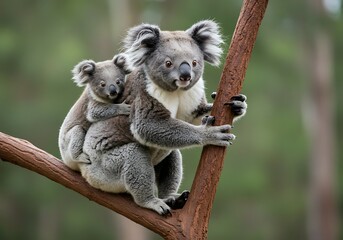 Obraz premium Koala Mother Carrying Her Baby on Tree