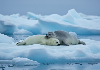 Fototapeta premium Seal Pup Sleeping Curled Beside Mother