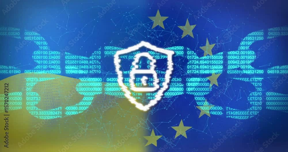 Poster code streams bridging ukraine and eu flags, shield glitching into padlock representing security