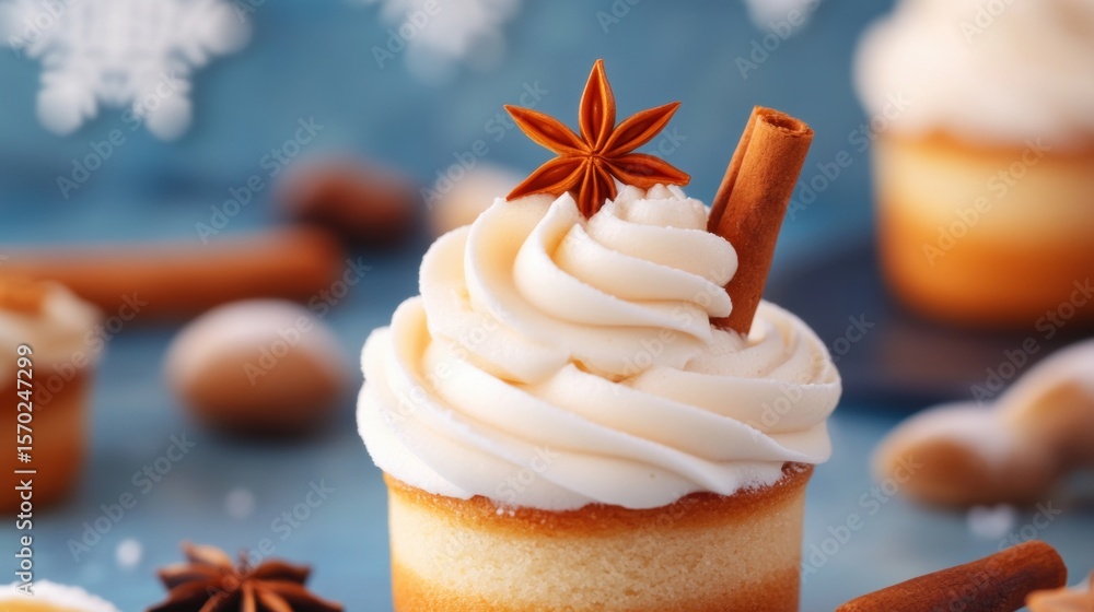 Poster delicious cupcake with cream frosting and spices on a festive table setting