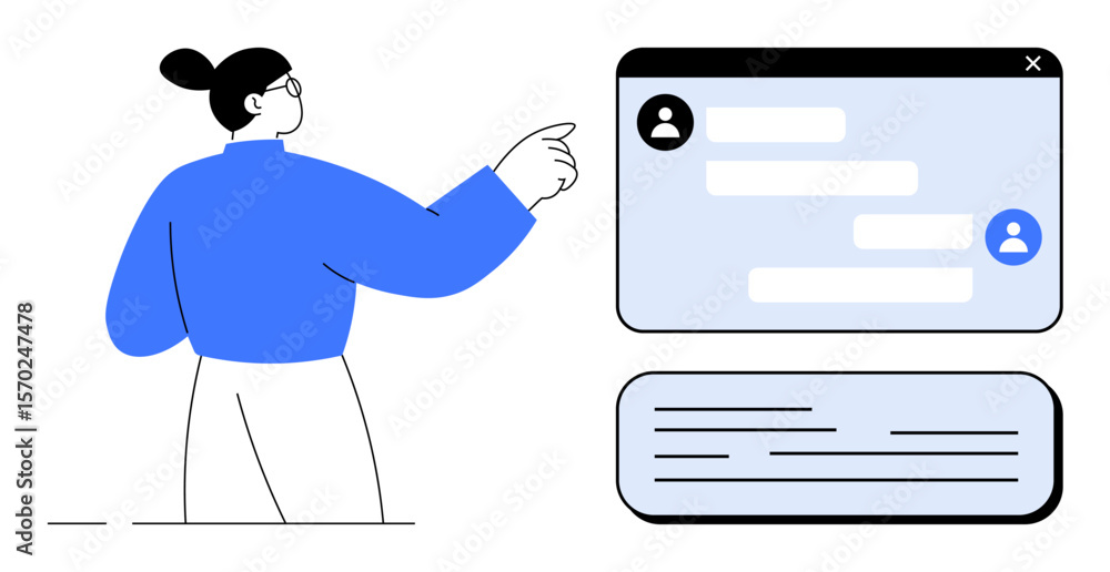 Aufkleber person pointing at a messaging interface with profile icons, dialogue bubbles, and text. ideal for c