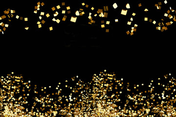 A 3D illustration of gold confetti falling on a black background, perfect for celebrating holidays and special events.