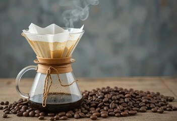 glass pour over coffee maker with beans on wooden surface