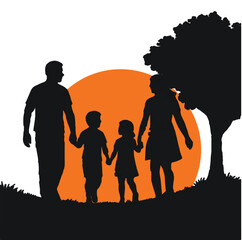 Happy Family Silhouette Walking in the Park at Sunset