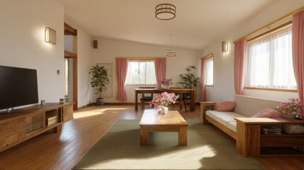 Fototapeta premium Sunny living room with wood furniture, pink curtains, and plants