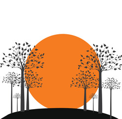 Sunset Autumn Tree Silhouette with Falling Leaves