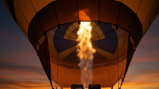 A hot air balloon ascending with flames billowing. 