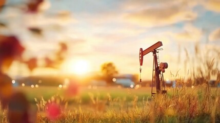 Naklejka premium Evening light illuminates an oil pump jack in a rural field at sunset