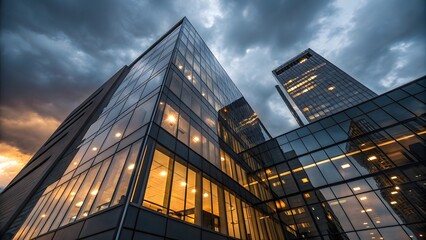 Fototapeta premium Contemporary Glass Office Building at Dusk with Reflections and Interior Lights