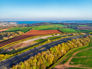 Farms and Fields over Torquay from a drone, Devon, England