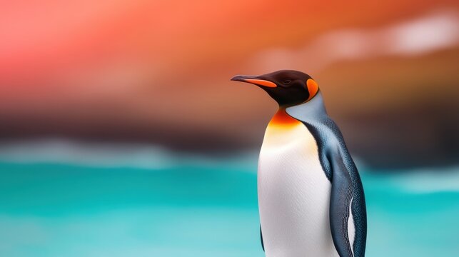 Elegant emperor penguin stands by the ocean at sunset on a clear day