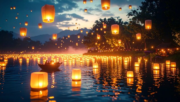 Floating Lanterns on Water at Dusk with Boat and People