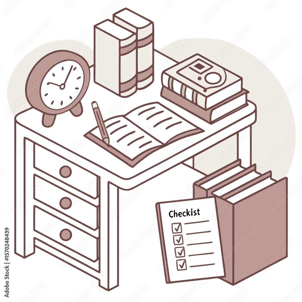 Poster a charming isometric illustration of a desk with an open book pencil stack of books alarm clock and 